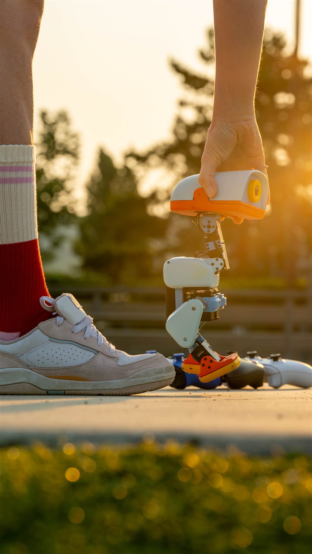Una mano levanta un Microduck junto a unos controles de videojuego, al atardecer