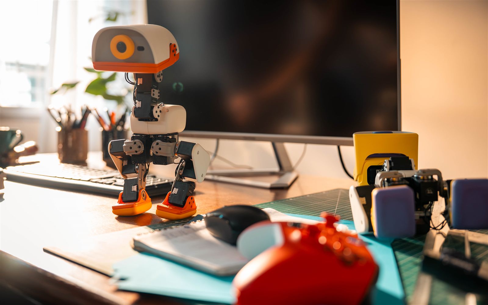 Microduck de pie sobre un escritorio frente a un monitor, con otros robots al fondo